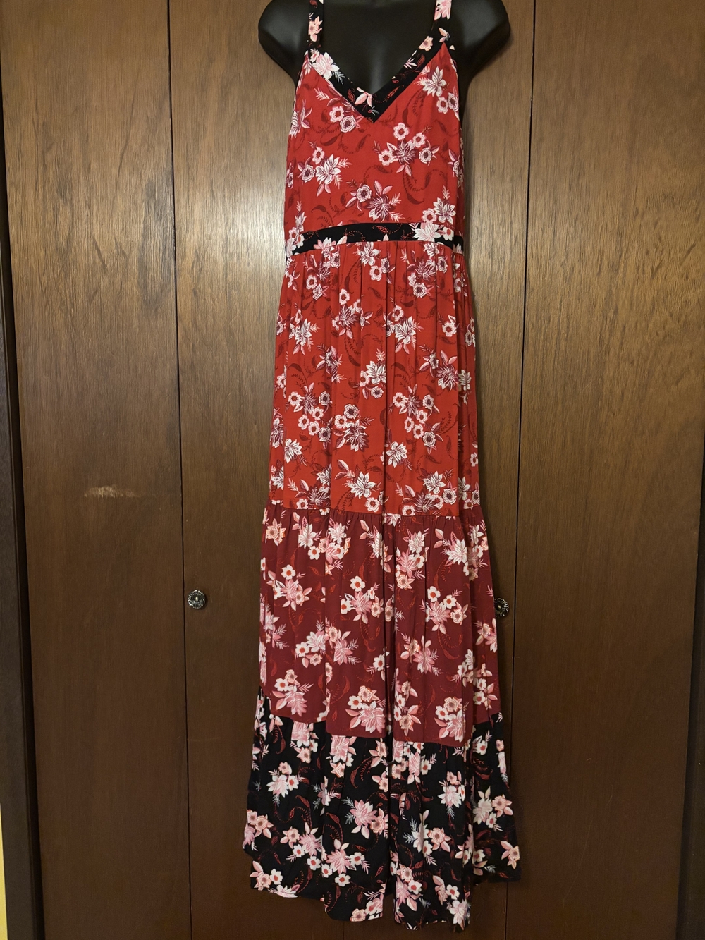 LOFT Red Floral Maxi Dress with Black Trim